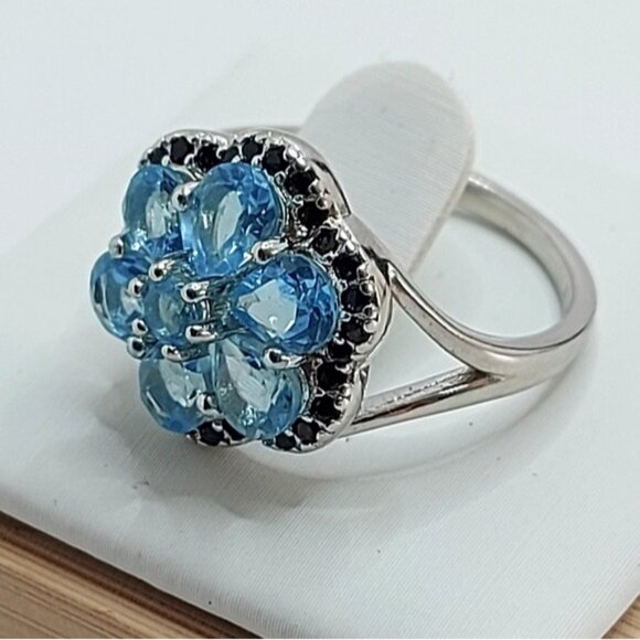 Natural Blue Apatite 5x4mm & Black Spinel 925 Sterling Silver Ring Size 7 - Picture 6 of 11
